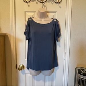 Cable & Gauge Blue Short Sleeve Blouse with Ladder Details